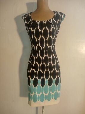 Maggy London Black and Aqua Oval Polka Sheath Midi Dress